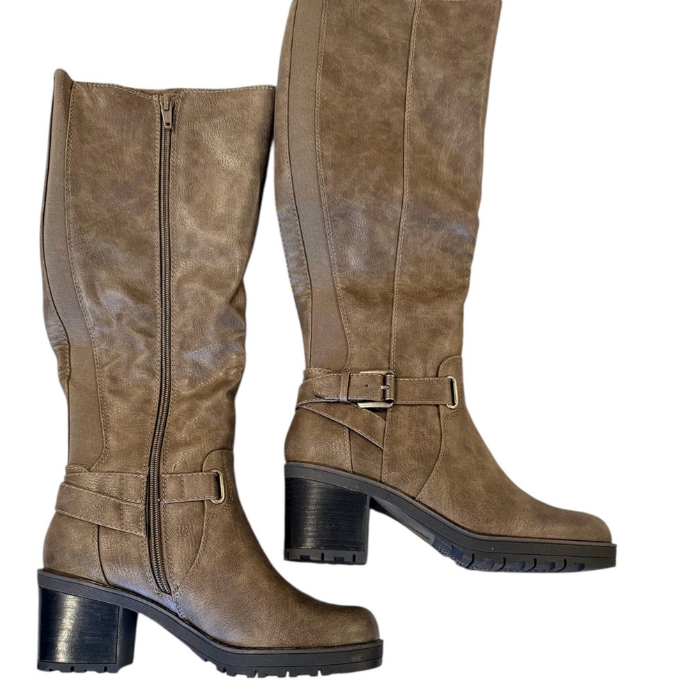 BareTraps Grey Knee High Boots Riding Stack Heel Tempist 6 NWT Faux Leather New - Picture 3 of 14